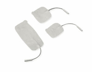Three adhesive electrode pads of different sizes with attached wires.