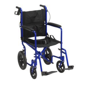 Blue folding wheelchair with black seat and large rear wheels.