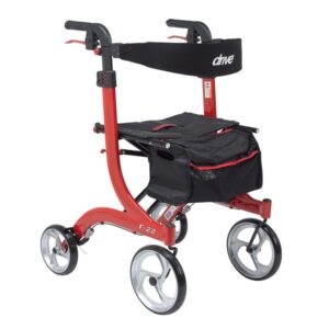 Red four-wheel walker with seat and storage bag.