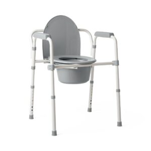 Adjustable commode chair with armrests and a removable bucket.