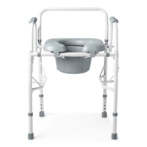 A silver portable commode chair with adjustable legs and armrests.