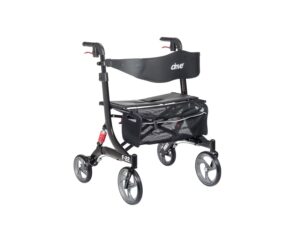 A black rollator walker with four wheels and a storage pouch.