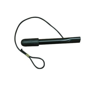 A black handheld metal detector wand with a wrist strap.