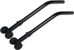Two black metal support bars with wheels attached at one end.