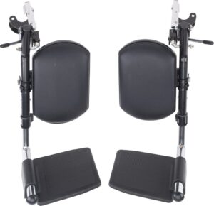 Adjustable wheelchair headrest and leg rest pads for comfort.