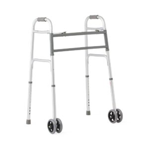 A silver walker with two front wheels for mobility support.