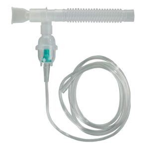 Medical nebulizer mouthpiece with tubing for respiratory treatment.