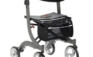 Close-up of a modern walker with storage baskets and sturdy wheels.
