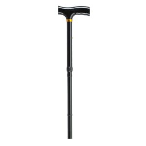Black walking cane with a curved handle and gold accents.