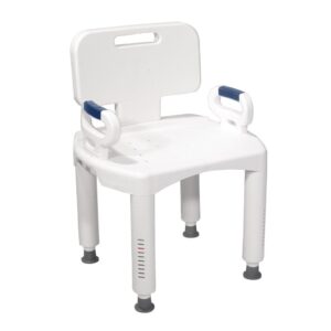 White shower chair with adjustable legs and backrest for safety.