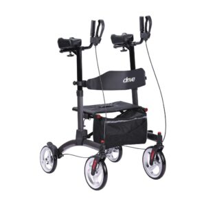 A four-wheeled mobility walker with seat, handles, and storage basket.