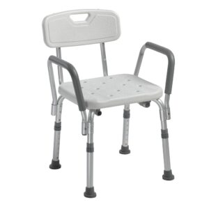Adjustable shower chair with backrest and armrests for safety and comfort.