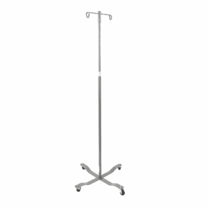 Medical IV drip stand with wheels and adjustable height.