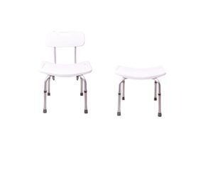 White shower chair with backrest and matching footstool.
