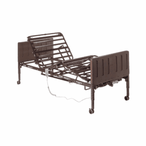 Adjustable hospital bed with remote control for patient comfort.