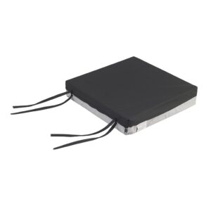 Black square outdoor chair cushion with ties.