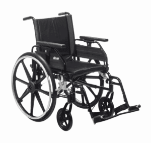 A black manual wheelchair with large rear wheels and foldable footrests.
