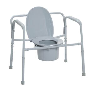 A portable bedside commode with armrests and a removable bucket.