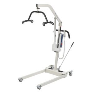 A mobile patient lift with a sling attachment for transferring individuals.