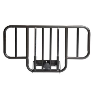 Black metal guard rail with multiple vertical bars and mounting brackets.