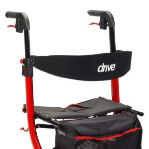 Red and black mobility walker with storage bag and padded back support.