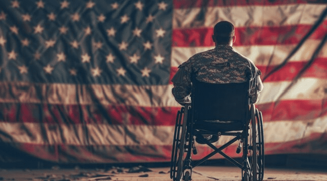 A soldier in a wheelchair faces an American flag.