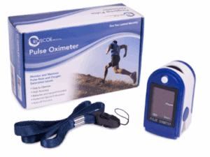 A blue fingertip pulse oximeter with its box and lanyard.