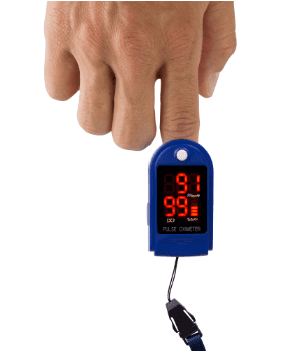 Hand using a fingertip pulse oximeter displaying oxygen saturation and pulse rate.