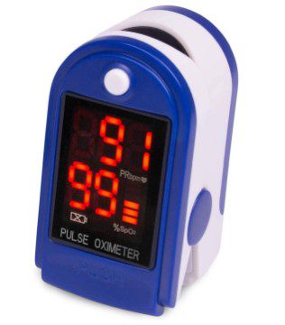Compact blue pulse oximeter displaying oxygen saturation and pulse rate.